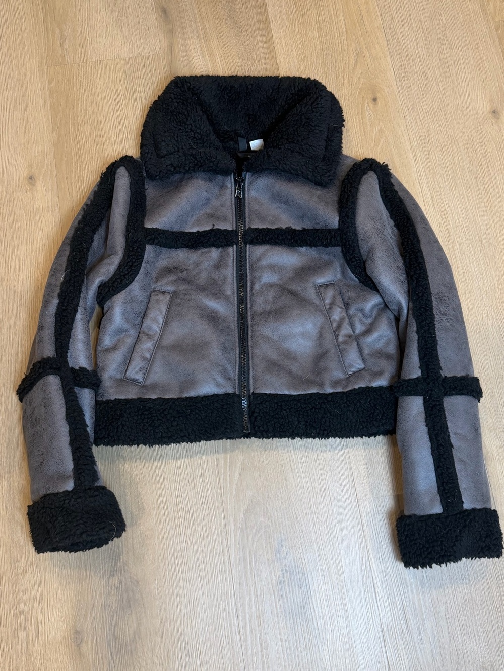H&M Divided Cropped Teddy Jacket in Gray and Black